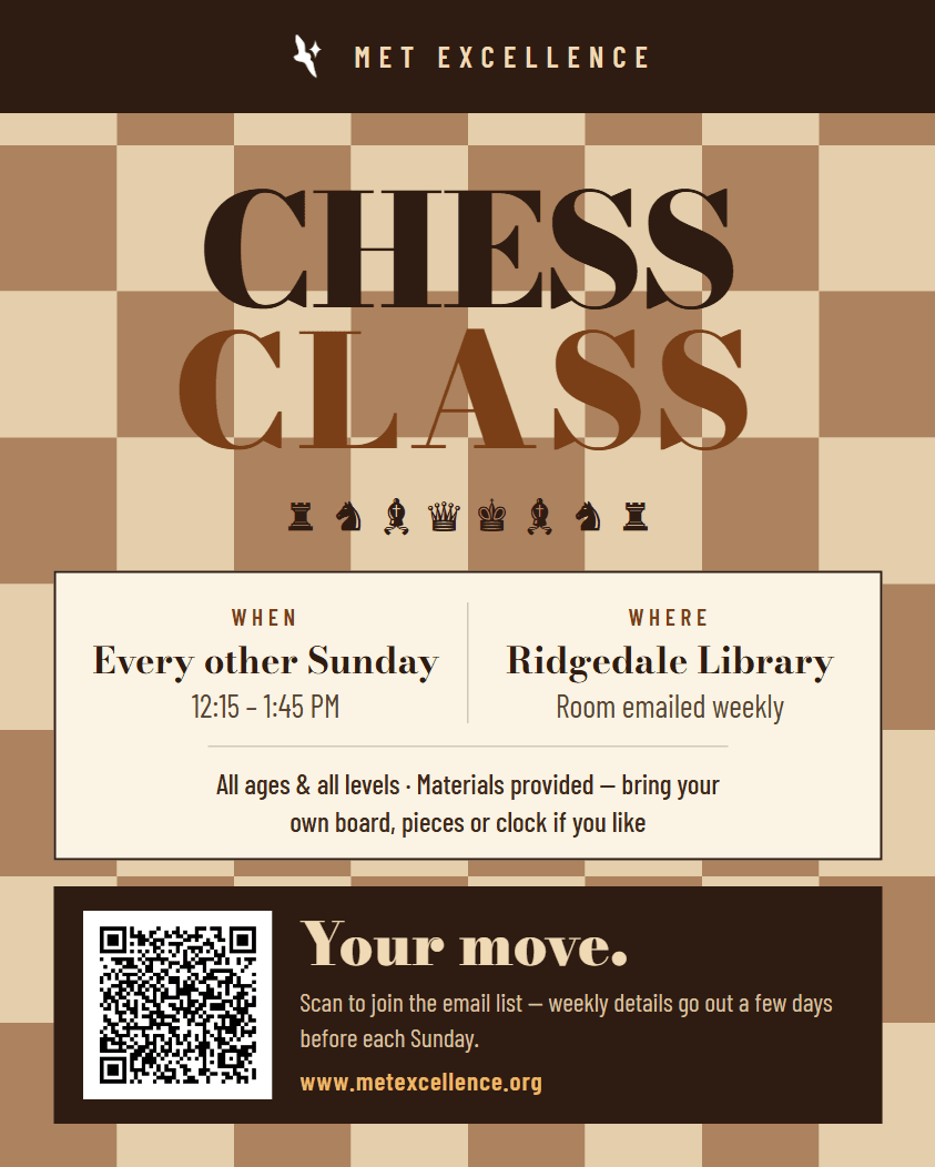 Chess Class poster - every other Sunday at Ridgedale Library