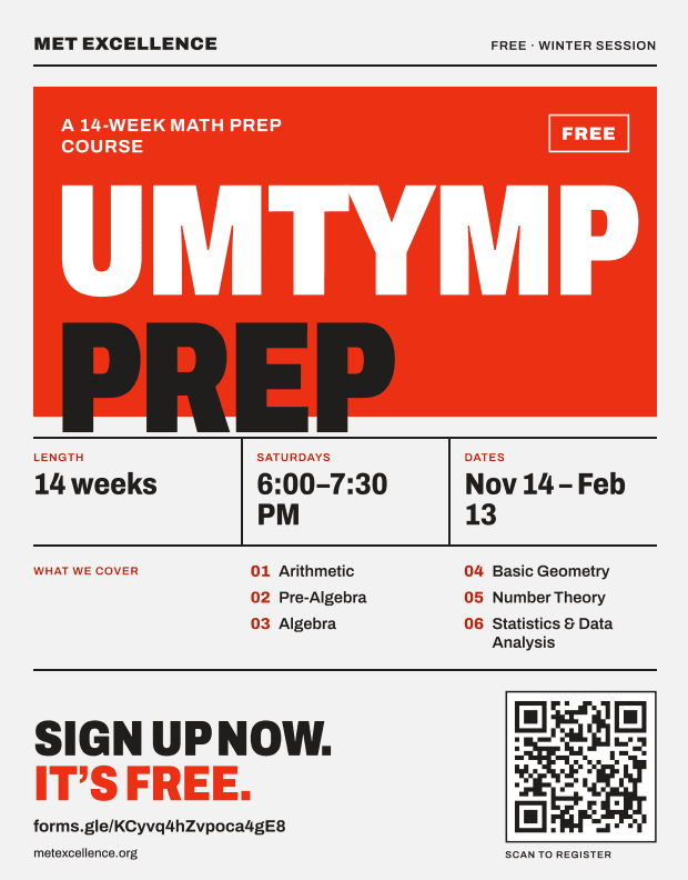 UMTYMP Prep poster - free 14-week math prep course, Saturdays 6:00-7:30 PM, Nov 14 to Feb 13